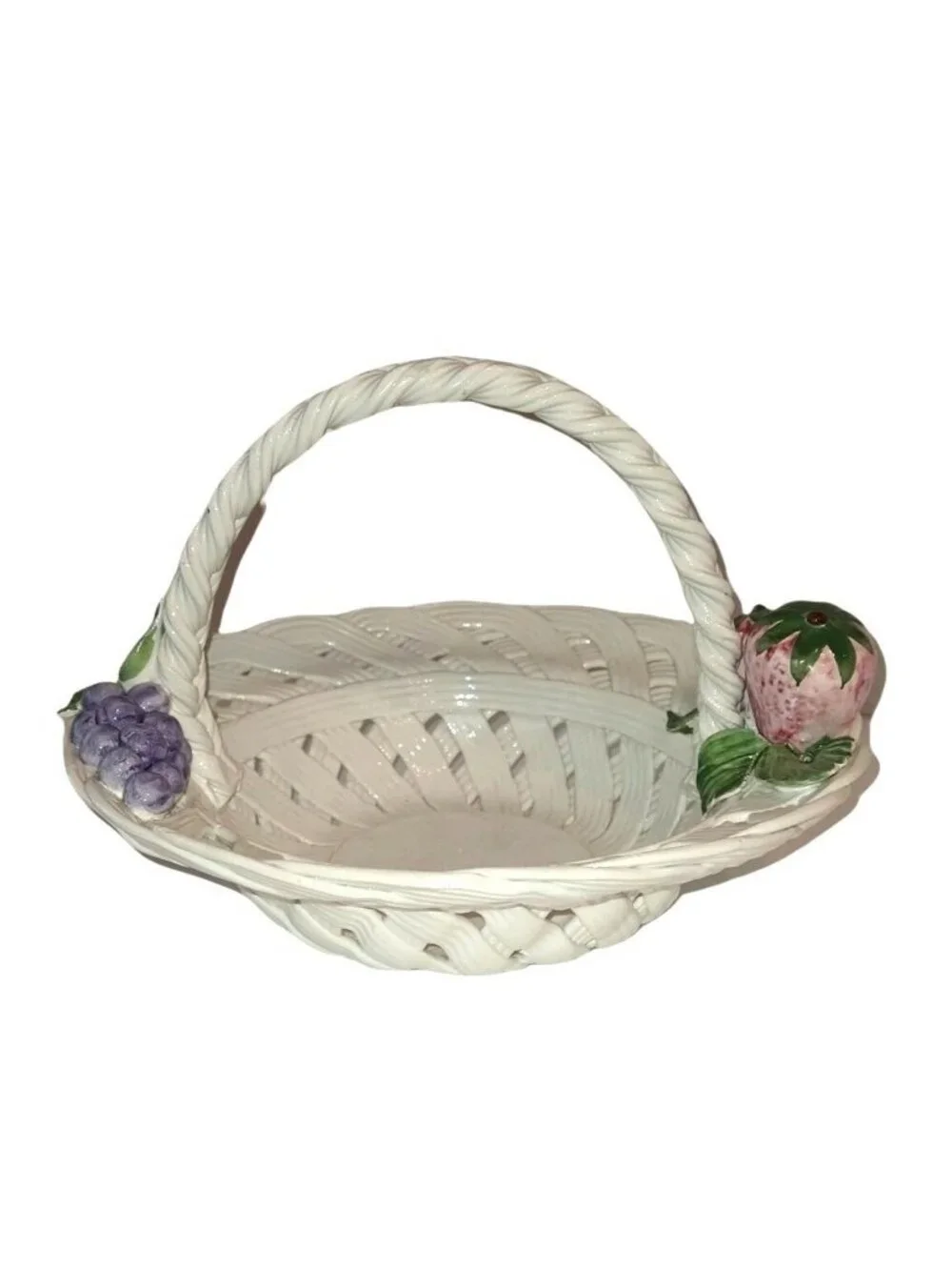 Capodimonte Italy White Porcelain Weave Fruit Basket w/Handle Strawberry Grapes